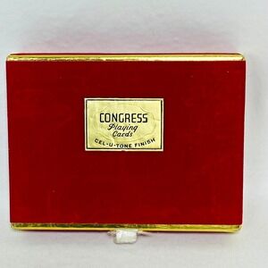 Vintage Congress Playing Cards Red Velvet Box Double Deck Cel-U-Tone Brown Retro